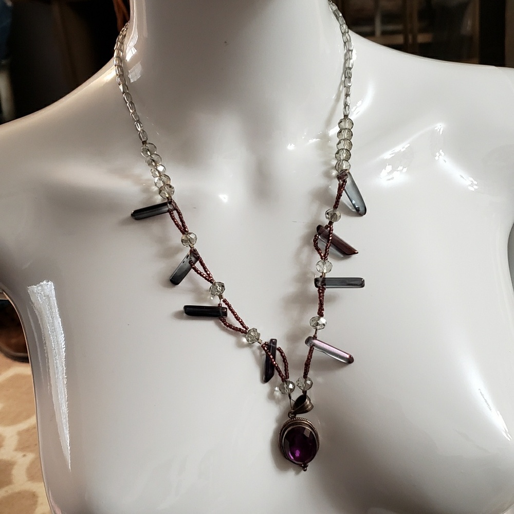Beaded necklace w/encased crystal in 925 silver